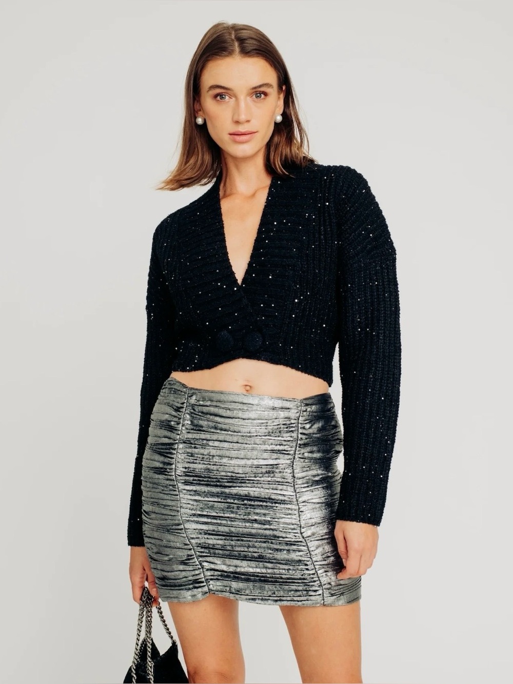 🆕 Torn by Ronny Kobo Calypso Metallic Ruched Mini Skirt Black M